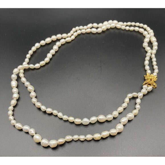 Freshwater Rice Pearl Necklace 2 Strand Hand Knotted 19" Gold Tone Floral Clasp - Picture 2 of 5